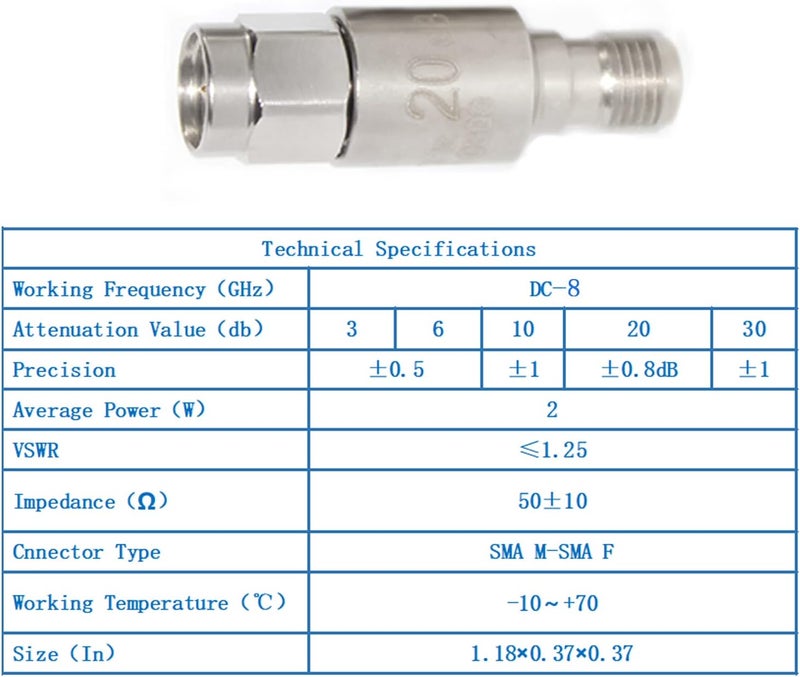 UU TOJOIN TOJOIN SMA Male to Female Attenuator/Coaxial RF Attenuator, DC to 8GHz, 50Ohm, 2W, 20dB, SMA 8G Attenuator 5PCS - Image 4